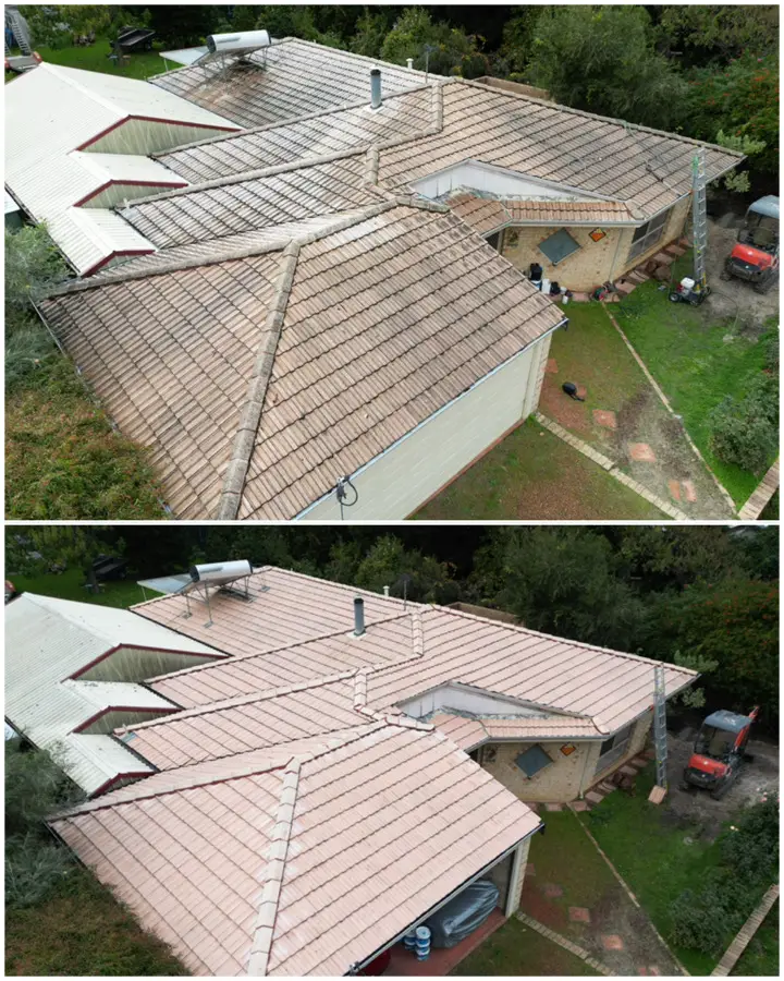 top: before roof cleaning by soft washing. bottom: after roof cleaning by soft washing