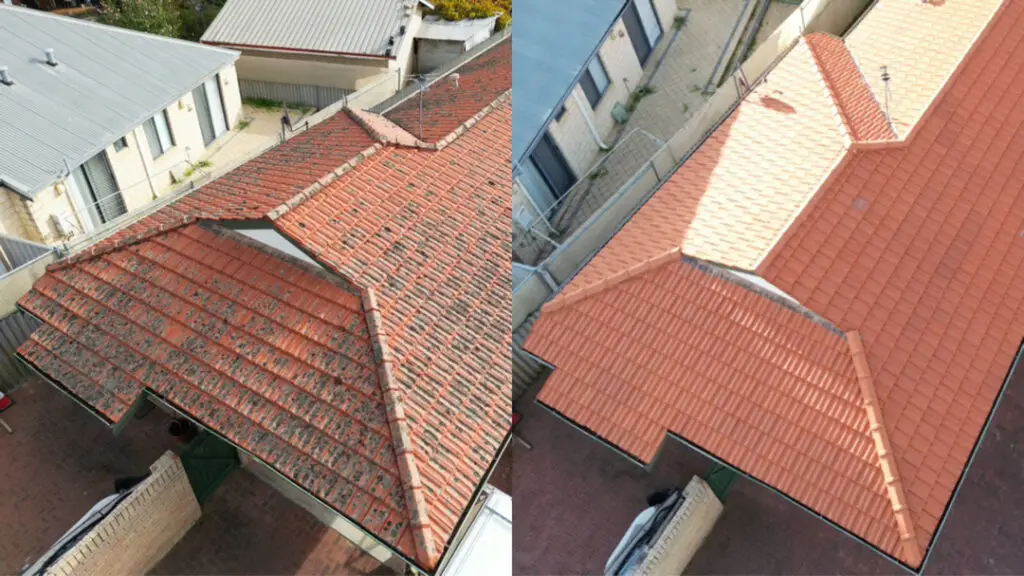 left: dirty terracotta roof covered in lichen. right: after roof cleaning by pressure washing