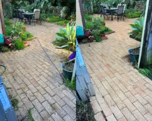 left: courtyard before pressure washing. right: courtyard after pressure washing