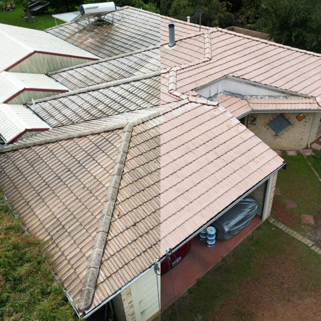 Before and after soft washing a concrete tile roof to remove organic staining and restore its appearance.