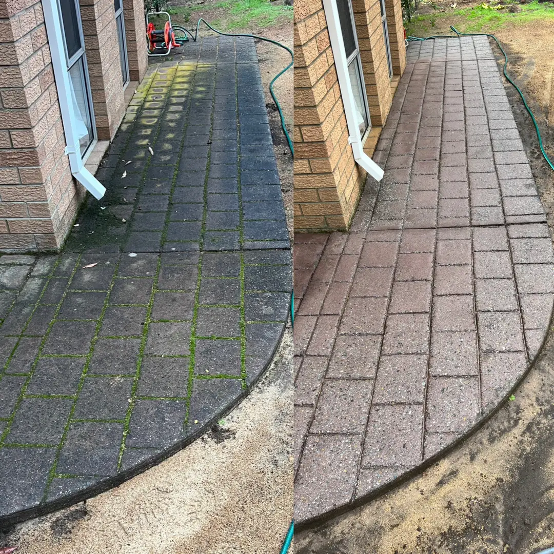 left: dirty algae covered floor. right: after pressure washing