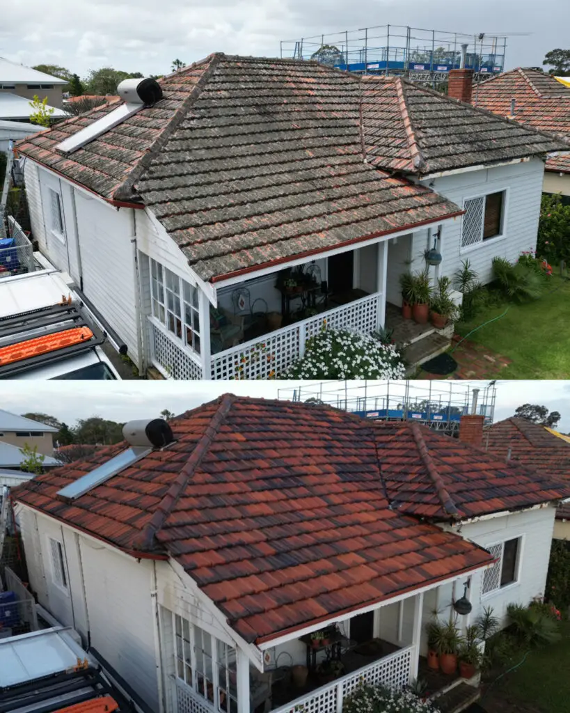 top: dirty terracotta roof covered in lichen. bottom: after roof cleaning Perth by pressure washing after gutter cleaning