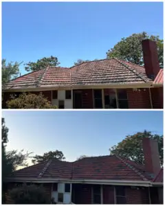 top: dirty terracotta roof covered in lichen. bottom: after roof cleaning by pressure washing