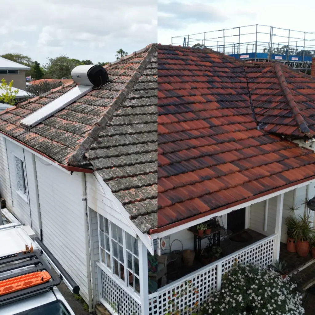 a comparison before and after roof cleaning by pressure washing