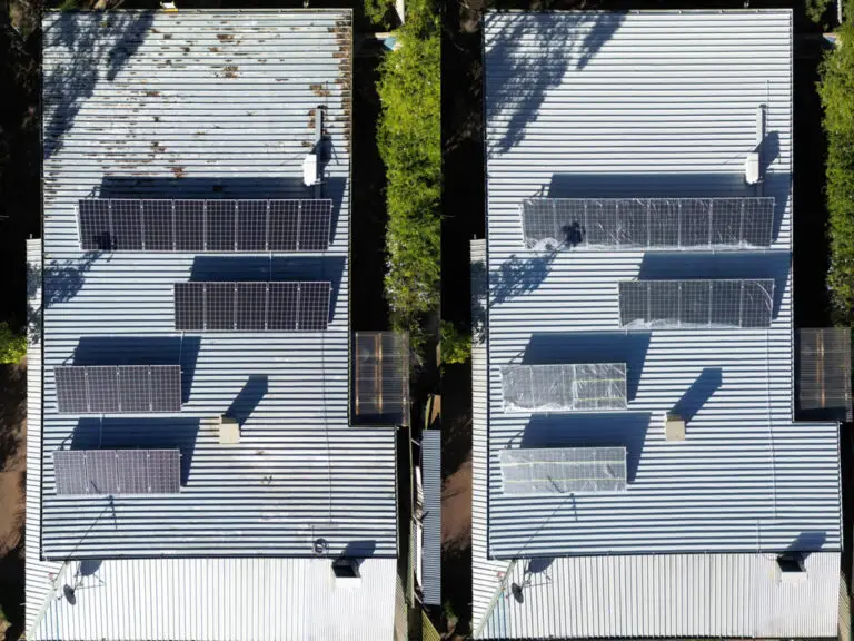 left: dirty damaged metal roof. right: roof cleaning by pressure washing, repaired roof with rust removed, full roof restoration using Dulux Acratex roofing products