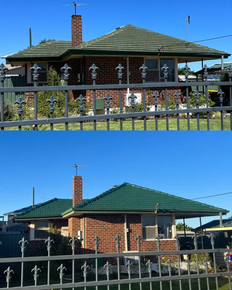 top: dirty damaged tile roof. bottom: after roof cleaning by pressure washing, re pointing, repaired roof full roof restoration using Dulux Acratex roofing products