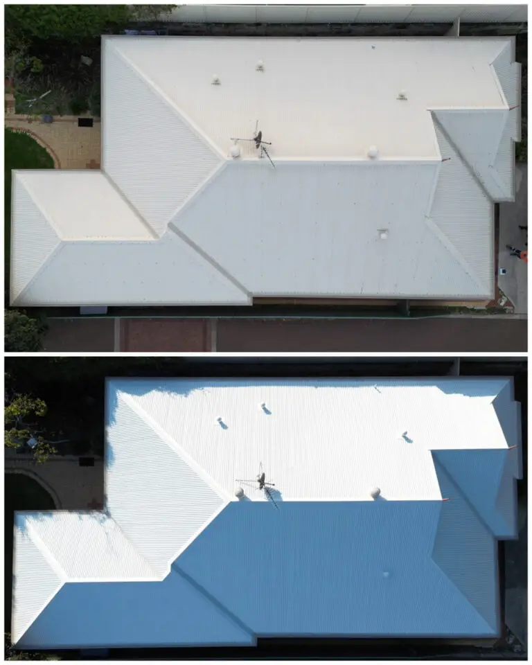 top: dirty damaged metal roof. bottom: after roof cleaning by pressure washing, screw replacement, rust removal and full roof restoration using Dulux Acratex roofing products