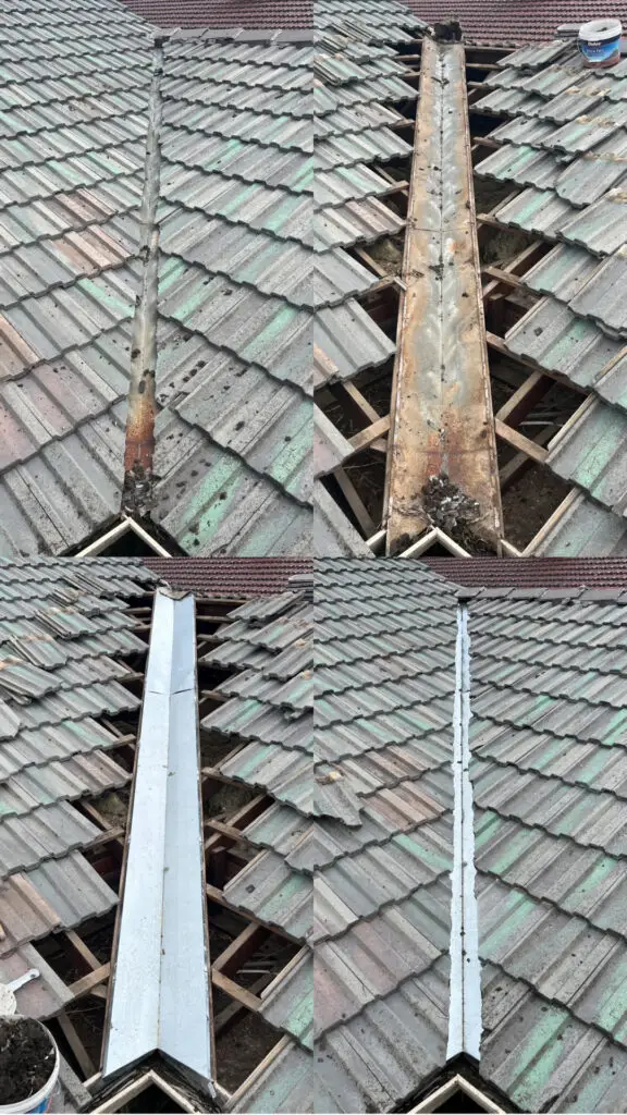 top left: before valley gutter replacement. top right removal of valley gutter. bottom left: new valley gutter installed. bottom right: after valley gutter replacement roof cleaning Perth and gutter cleaning