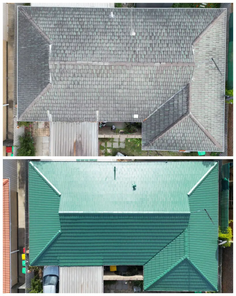 top: dirty damaged tile roof. bottom: roof cleaning by pressure washing Perth, re pointing, repaired roof after full roof restoration using Dulux Acratex roofing products after gutter cleaning