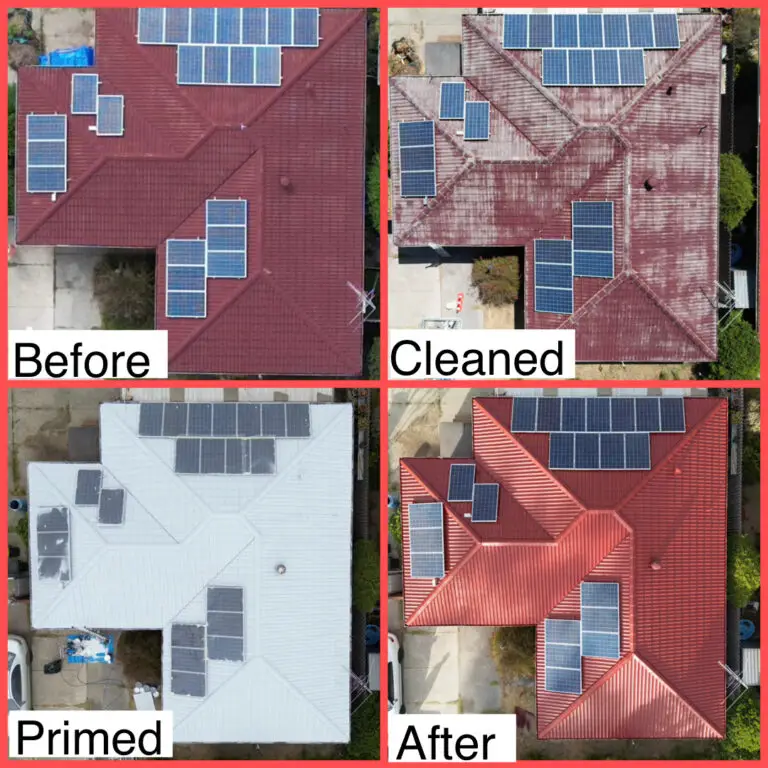 top left: dirty damaged tile roof. top right: after roof cleaning by pressure washing. bottom left: after re pointing and roof primed with Dulux Acratex roof primer ready to paint. bottom right: roof after full roof restoration using Dulux Acratex roofing products