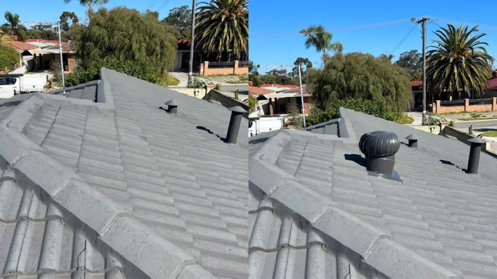 left: roof before whirlybird installation. right: roof after whirlybird installation