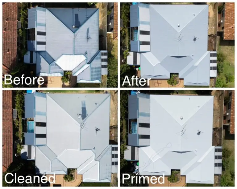 top left: dirty damaged metal roof. top right: roof after full roof restoration using Dulux Acratex roofing products. bottom left: roof after roof screw replacement and roof cleaning by pressure washing. bottom right: roof primed with Dulux Acratex roof primer ready to paint