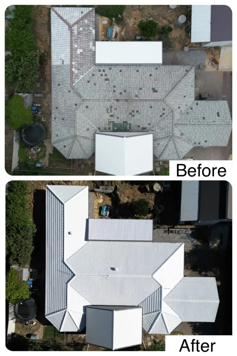 top: dirty damaged tile roof. bottom: after roof cleaning by pressure washing, re pointing, repaired roof after roof restoration using Dulux Acratex roofing products