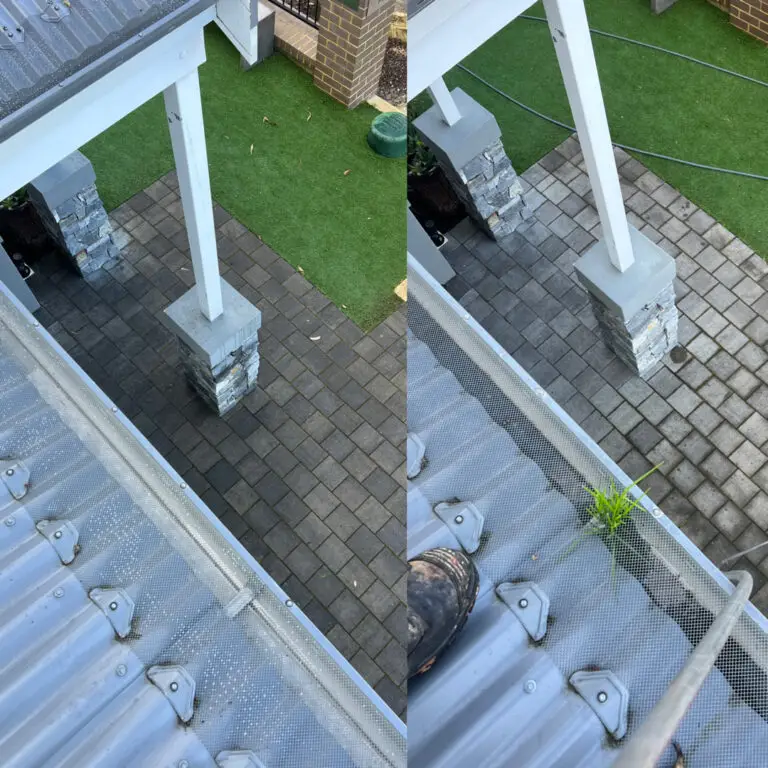 Before and after cleaning beneath gutter guard with a weed growing through the mesh in a Perth gutter.