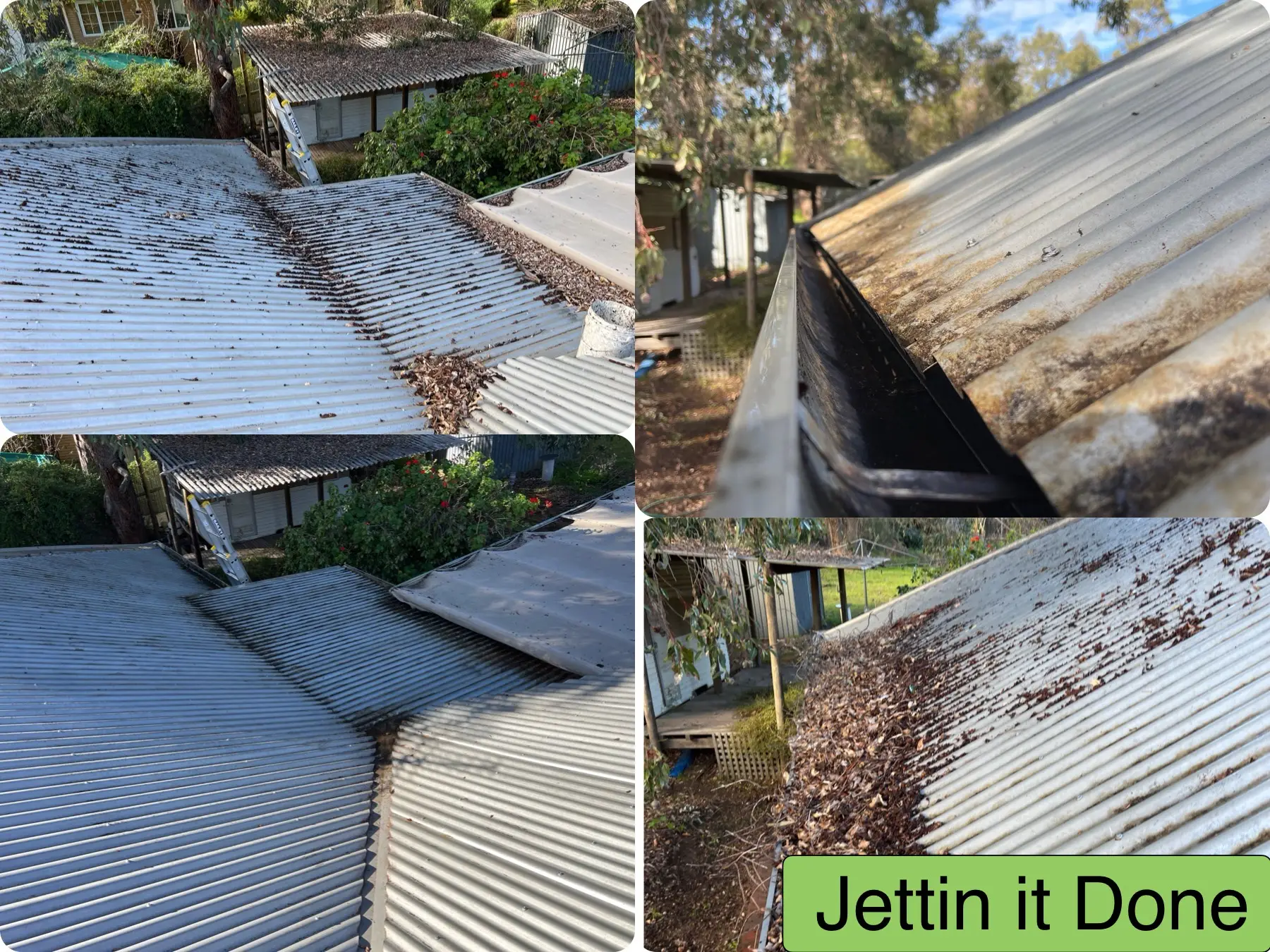 top left, bottom right: before gutter cleaning. top right, bottom left: after gutter cleaning