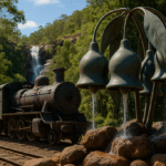 Historic steam train beside Kalamunda's gumnut sculpture and waterfall surrounded by lush forest