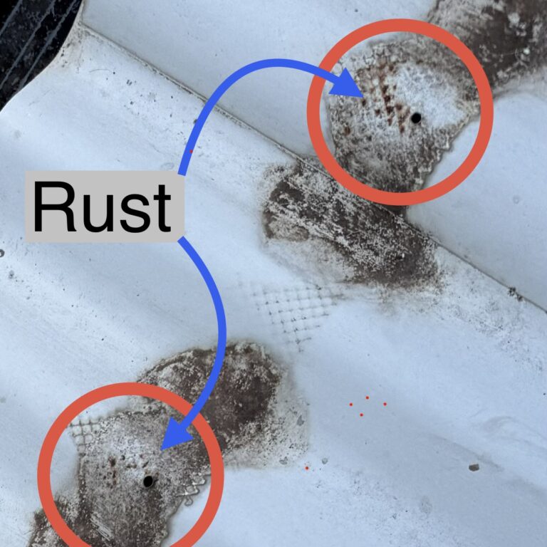 Rust marks on a Colorbond roof where gutter guard saddles trapped moisture and organic debris against the roof sheet.