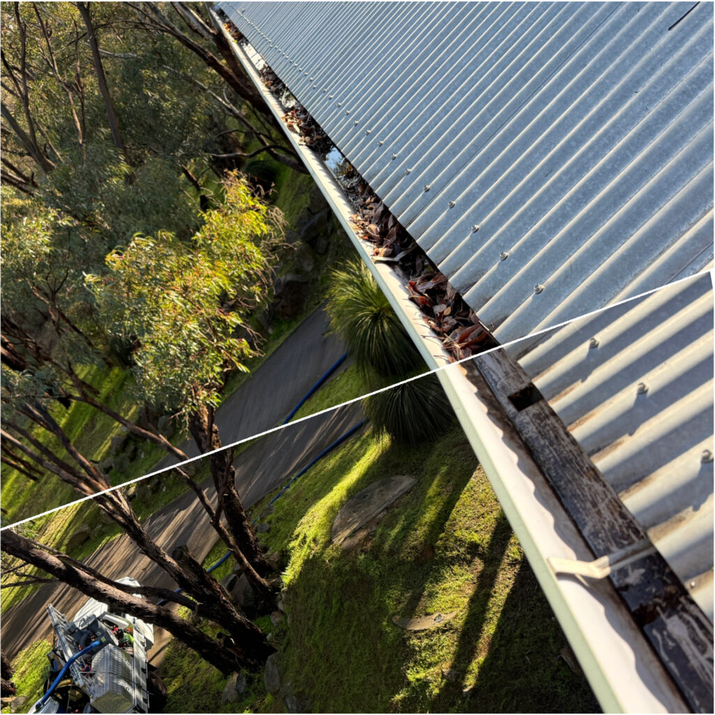 Before and after professional vacuum gutter cleaning on a Kalamunda Hills home showing leaves removed from gutters and roof valleys.