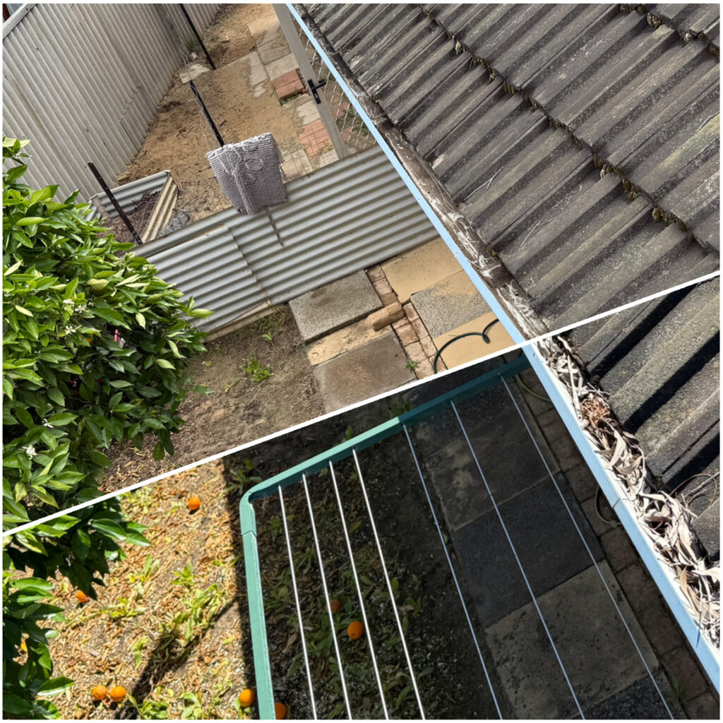 Before and after vacuum gutter cleaning on a Midland home showing blocked gutters cleared of leaves and debris.