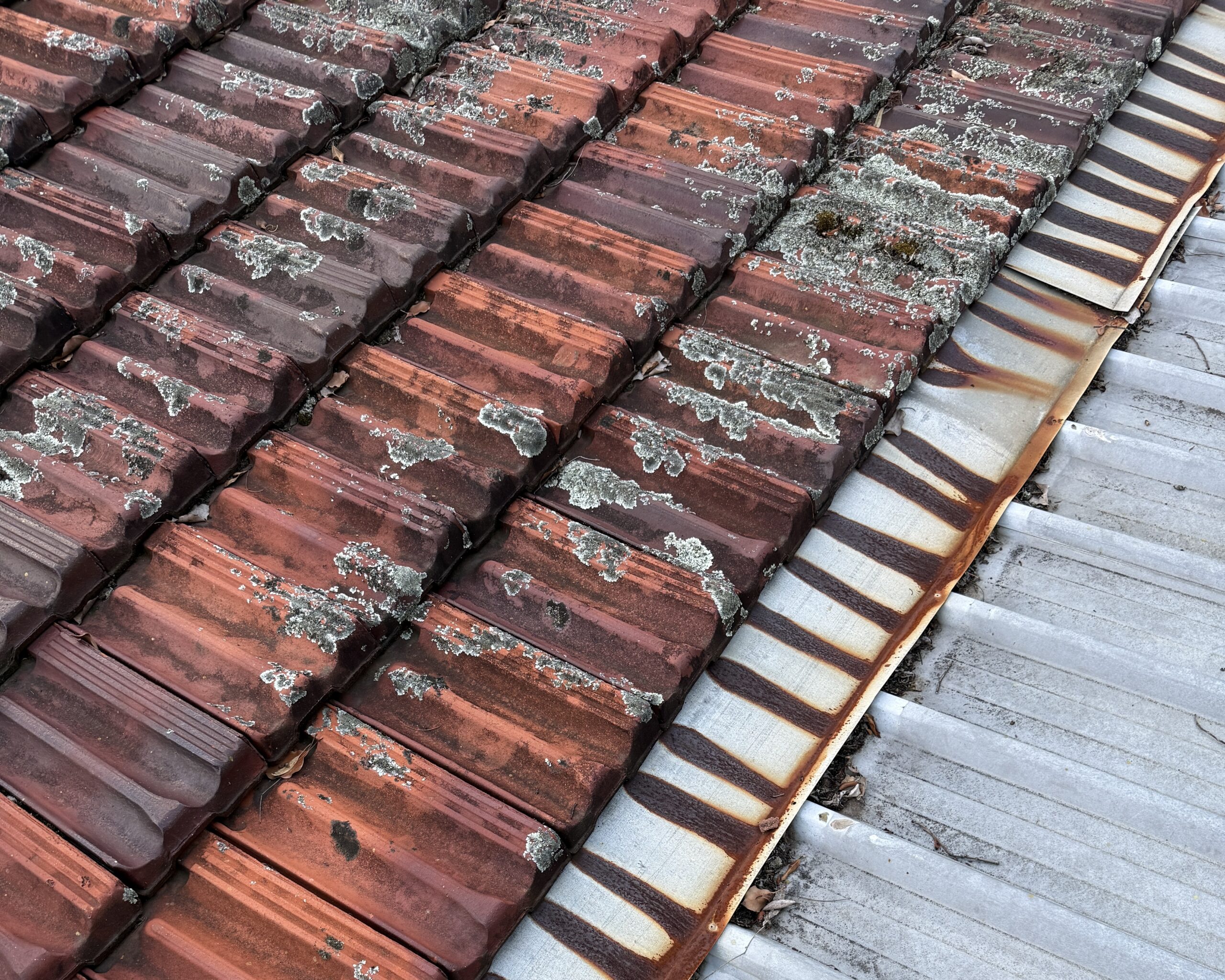 Rusted apron flashing beneath a tiled roof with extensive lichen growth.