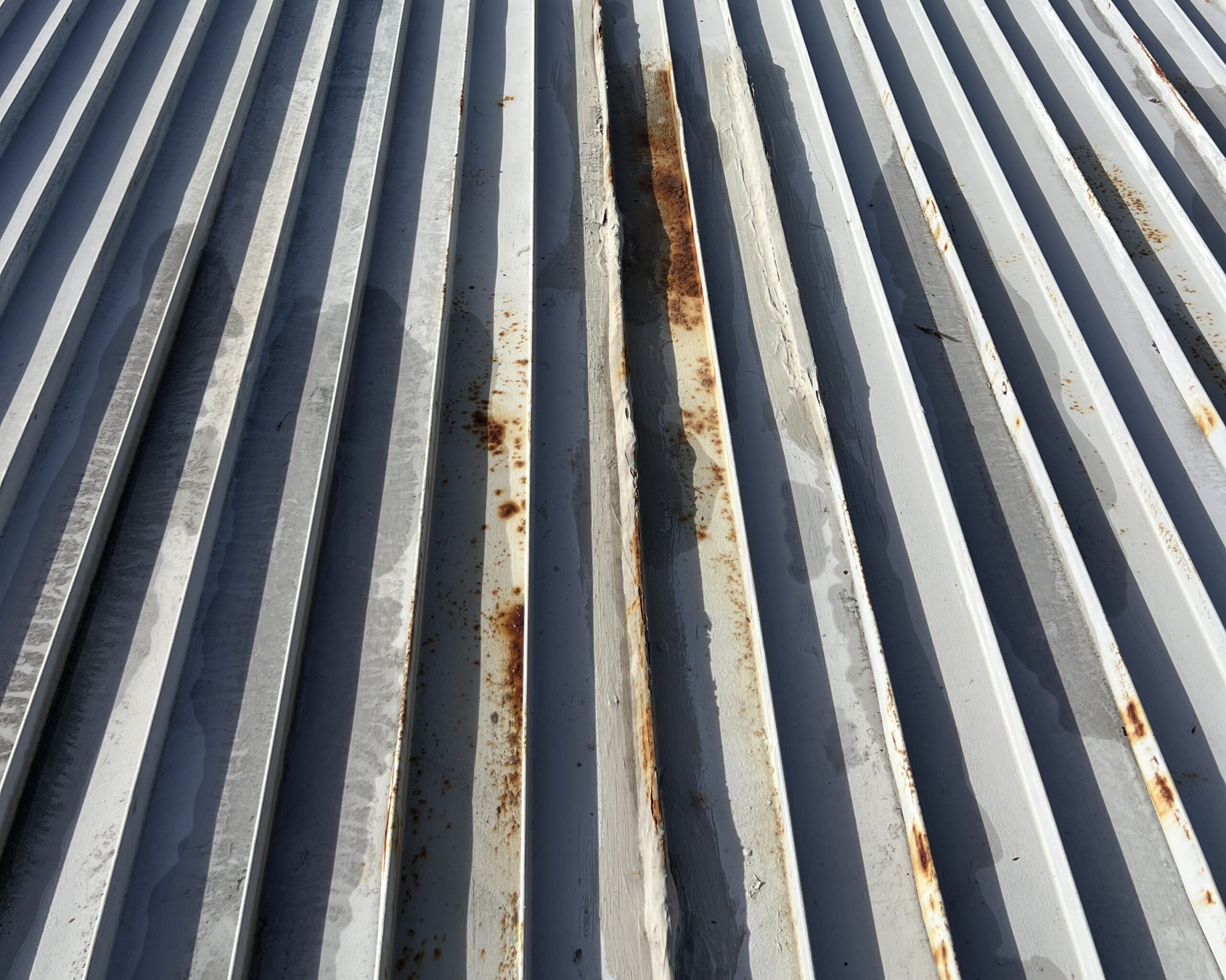 Metal roof sheet corroded where leaves and debris trapped moisture and accelerated rust.