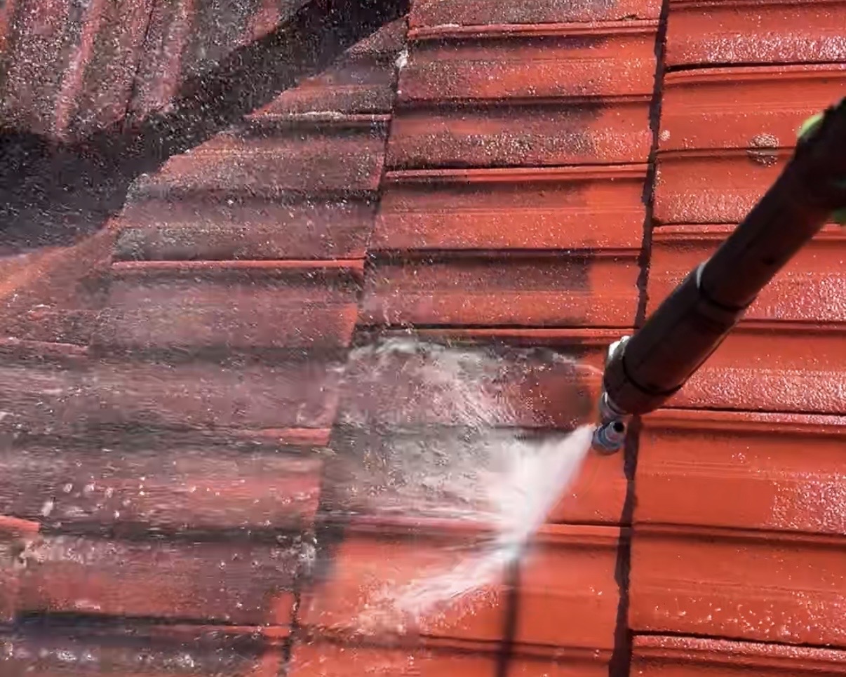 Soft washing terracotta roof to remove lichen and organic growth in Perth